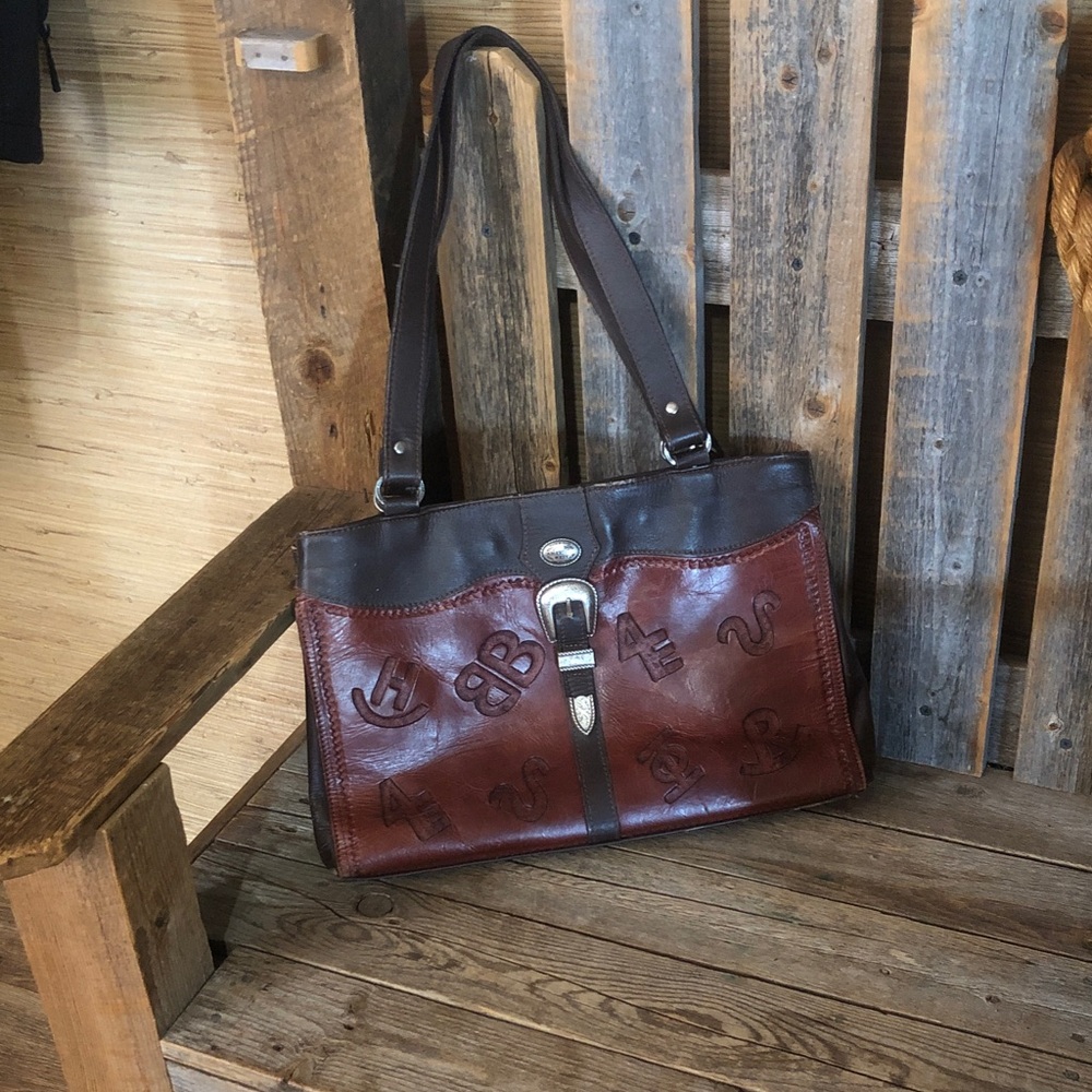 American West Two-Tone Brown Leather Tote with Embossed Symbols